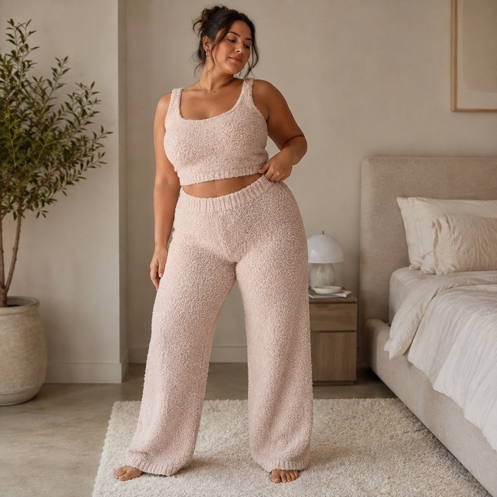 SKIMS Cozy Knit Tank & Wide Leg Pants Set Pink L/XL